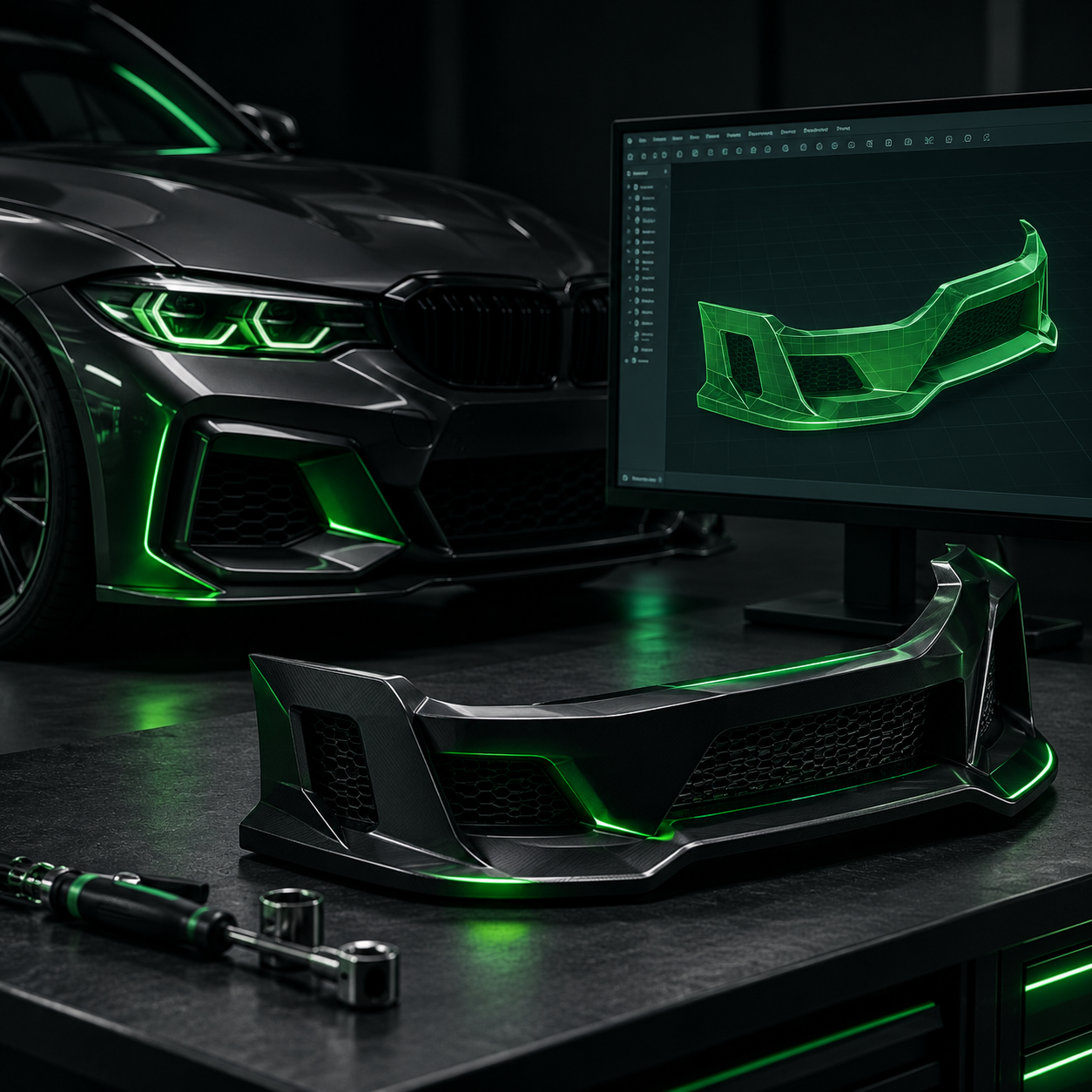 Автомобильная деталь и цифровая визуализация как образ 3D-подготовки проекта